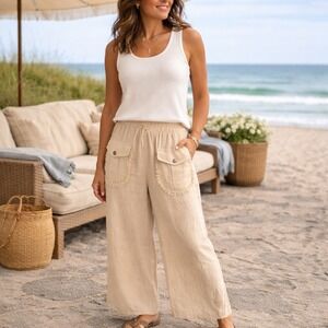 &Merci Gauze Wide Leg Pants Fringe Pocket Beige Boho Coastal Large Beachy resort